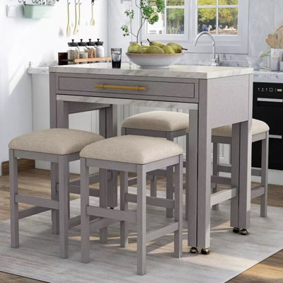 Table de salle à manger à hauteur de comptoir en bois massif - faux plateau en marbre, tiroir, 4 tabourets pour salle à manger rectangulaire 5 pièces avec glissières d'extension
