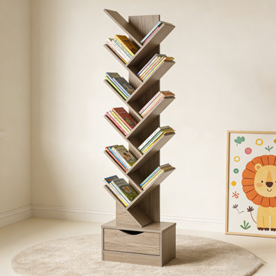 12-tier Tree Bookshelf With Drawer (15.7" X 7.9" X 55") – Morandi Gray Modern Bookcase, Space-saving Storage Shelf For Living Room, Bedroom & Home Office