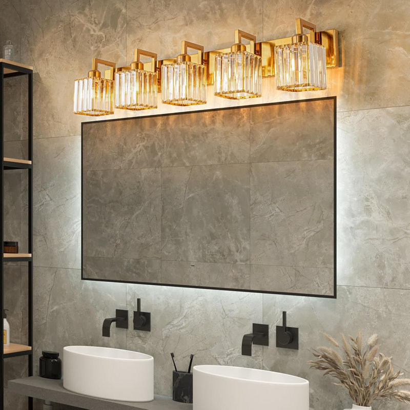 Applique murale 5 lumières pour salle de bain Modern Crystal, Or brossé