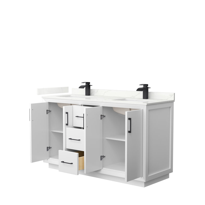 Strada 60'' W Double Vanity, Giotto Quartz, White, Matte Black