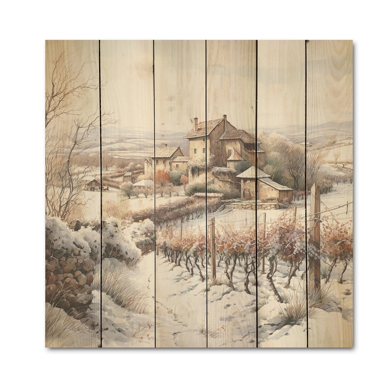Vineyard Charm In Winter - Vineyard Wood Panel Wall Art On Natural Pine Wood, 25" H x 25" W