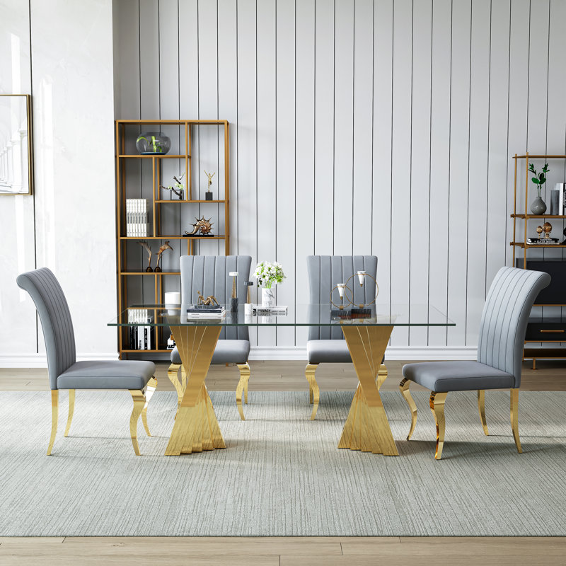 70" Modern Tempered Glass Dining Table Set With Sculptural Stainless Steel Base & Velvet Upholstered Chairs – Sleek Minimalist Design For Contemporary Dining Rooms