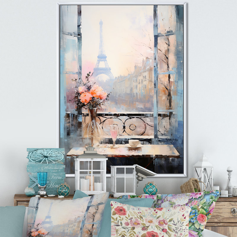 «Paris Winter Window View II - City Paris», art mural, Cadre flottant blanc, 40" H x 30" W