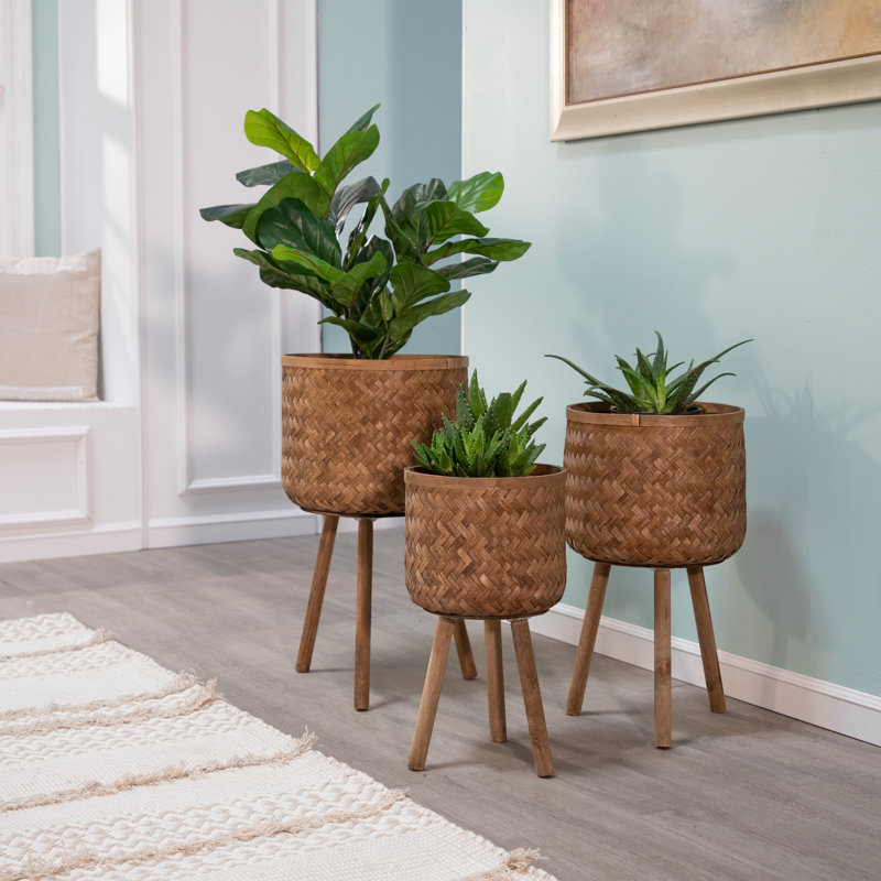 Handwoven Bamboo and Pine Wood Planters with Tripod Base, Decorative Woven Design, Durable Construction, Set of 3, 3 Piece