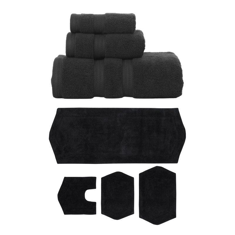 Bryd Collection 100% Soft Cotton 3 Pc Towel Set & 4 Pc Bath Rug Set, (Set of 7), Black