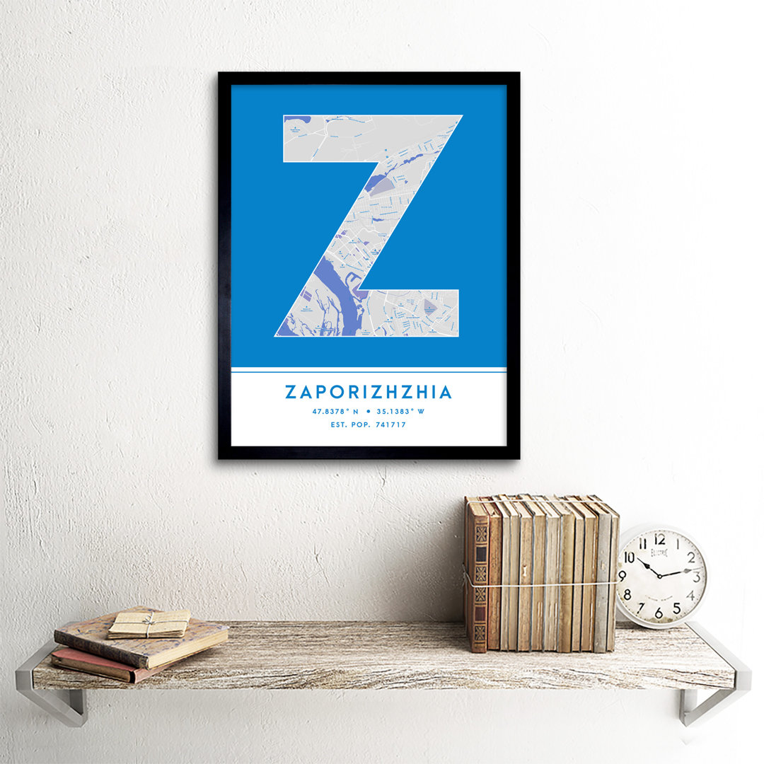 Zaporizhzhia City Map Zaporizhzhia Blue by Wee Blue Coo - Single Picture Frame Typography