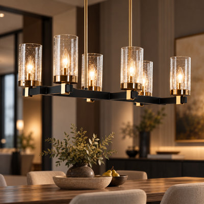 Lustre linéaire Belser à 6 lumières à intensité variable, verre bullé, noir et laiton, salle à manger