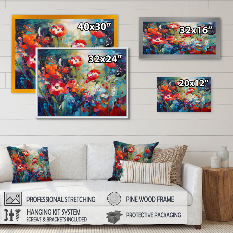 Ryylon Red Vibrant Garden Symphony IV sur impression sur toile, Cadre photo noir, H 12 po x l 20 po x P 1 po