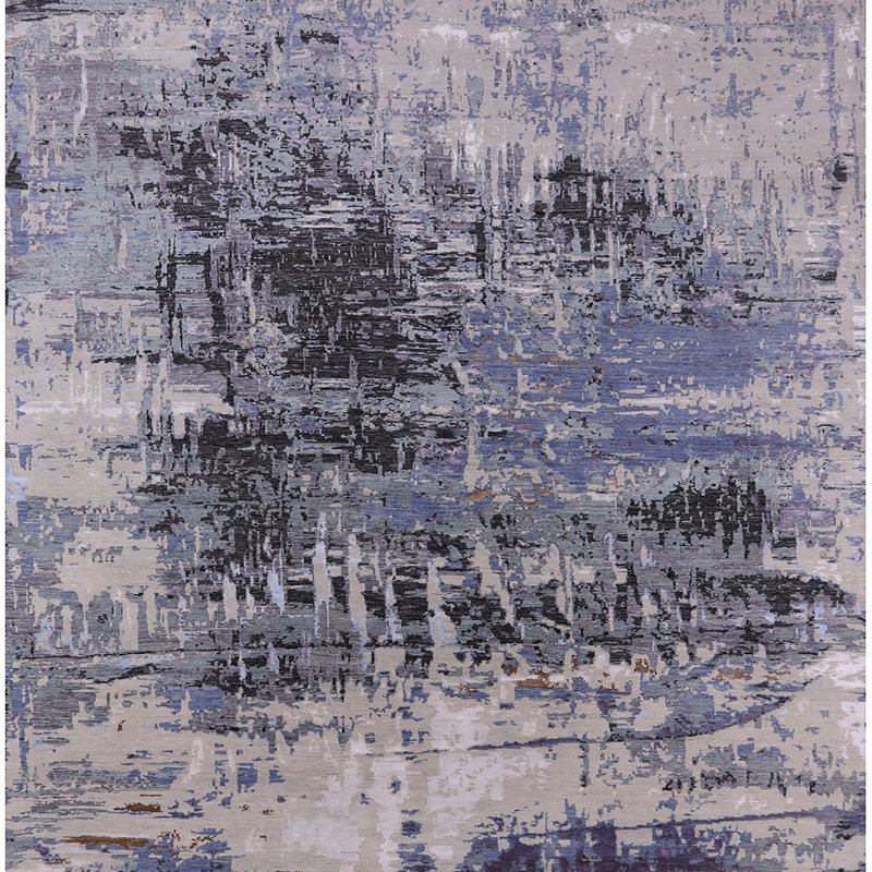 Tapis abstrait noir / mauve, Carré 3 pi