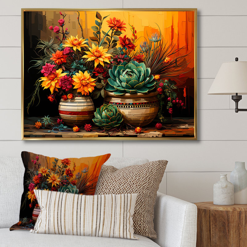 Boho, poterie florale mexicaine, Cadre flottant doré, H 34 po x l 44 po x P 1,5 po