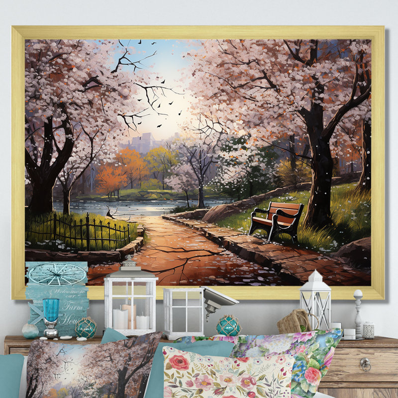 «Pink Springtime Park Floral Canopy I», art mural sur toile, Cadre doré à coins fermés, H 34 po x l 44 po x P 1,5 po