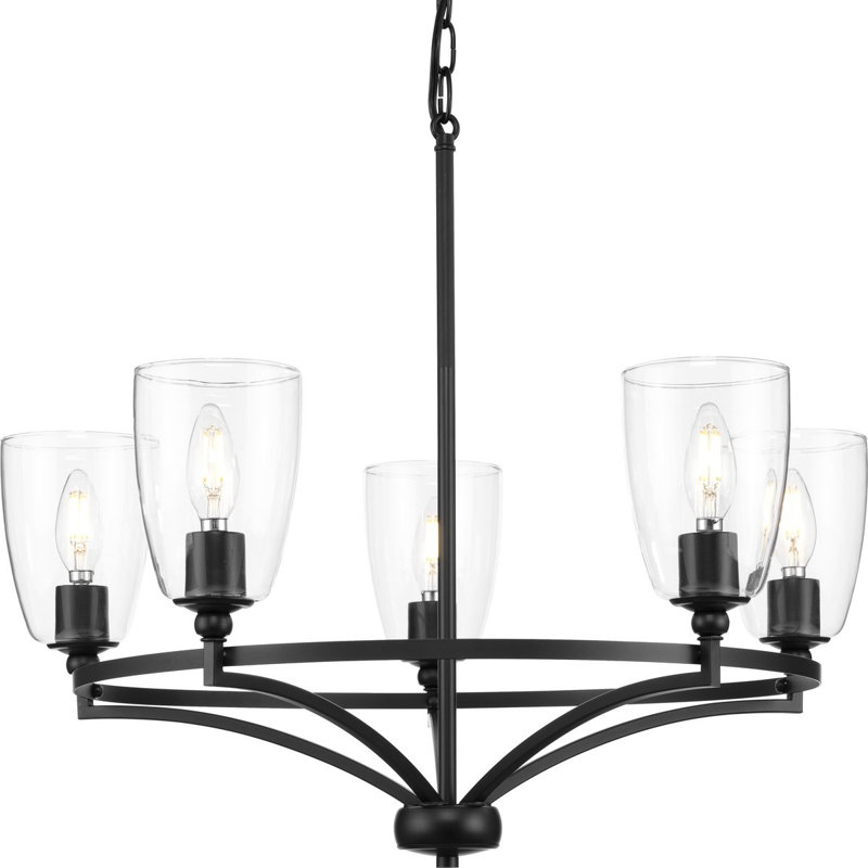 Lustre traditionnel 5 lumières en verre transparent, Noir mat