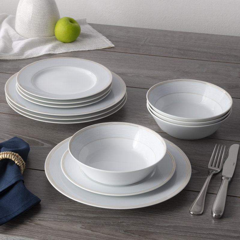 White Ceramic Soup Bowls with Gold Trim, Set of Four
