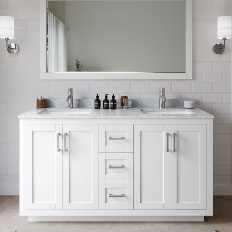 Miranda 60" Freestanding Double Bathroom Vanity with Marble Top, White, Brushed Nickel