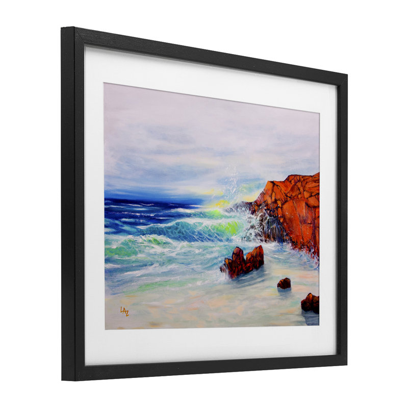 Deep Blue Rocky Beach, reproduction sous verre encadrée, conception par Lee Ann Zirbes, H 13 po x l 16 po