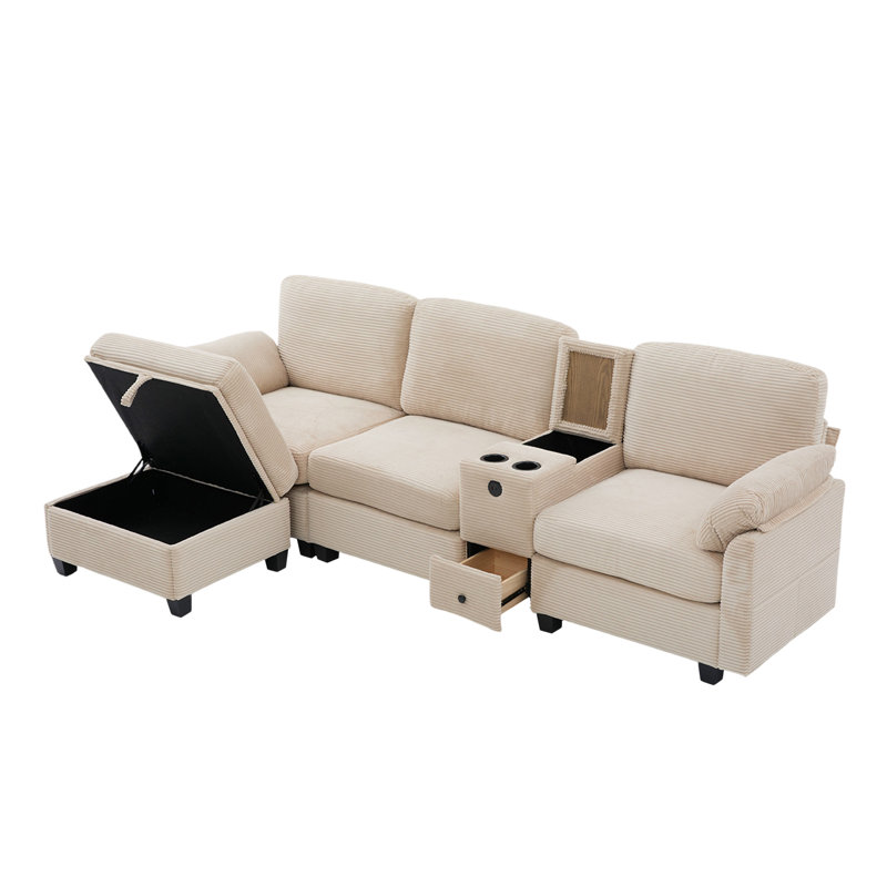 Sectional Sofa With Ottoman, Khaki Corduroy