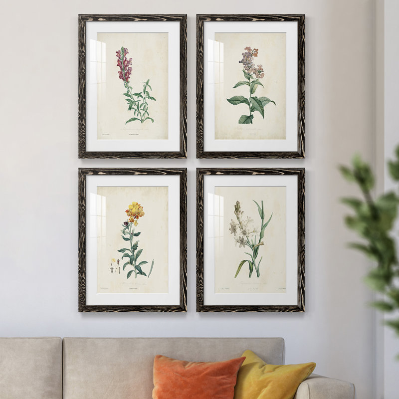 Traditional Botanical I - Ensemble de 4 peintures encadrées, Cadre noir, H 20 po x l 68 po x P 1,5 po