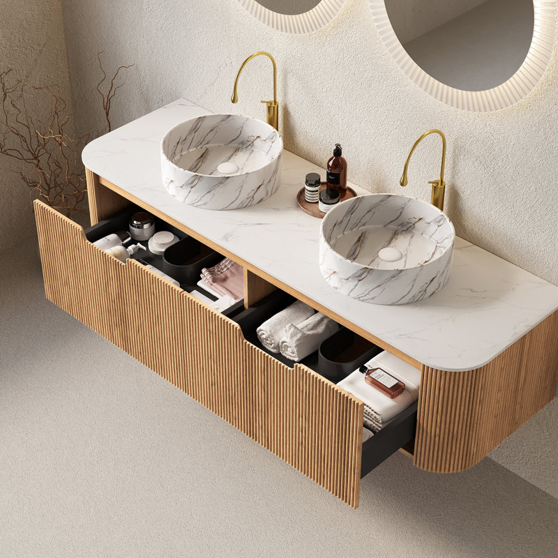 Meuble-lavabo 60 po, Blanc de Carrare / bois naturel / blanc pierre