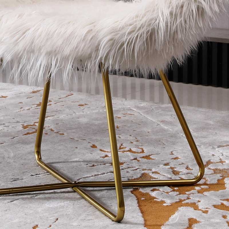 White Faux Fur Accent Chair - Elegant Style, Cushioned Seat, Metal Sled With Gold Finish, Floor Protection, Scratch- Upholstered Modern Glamour, Seat And Back, Frame, Protection