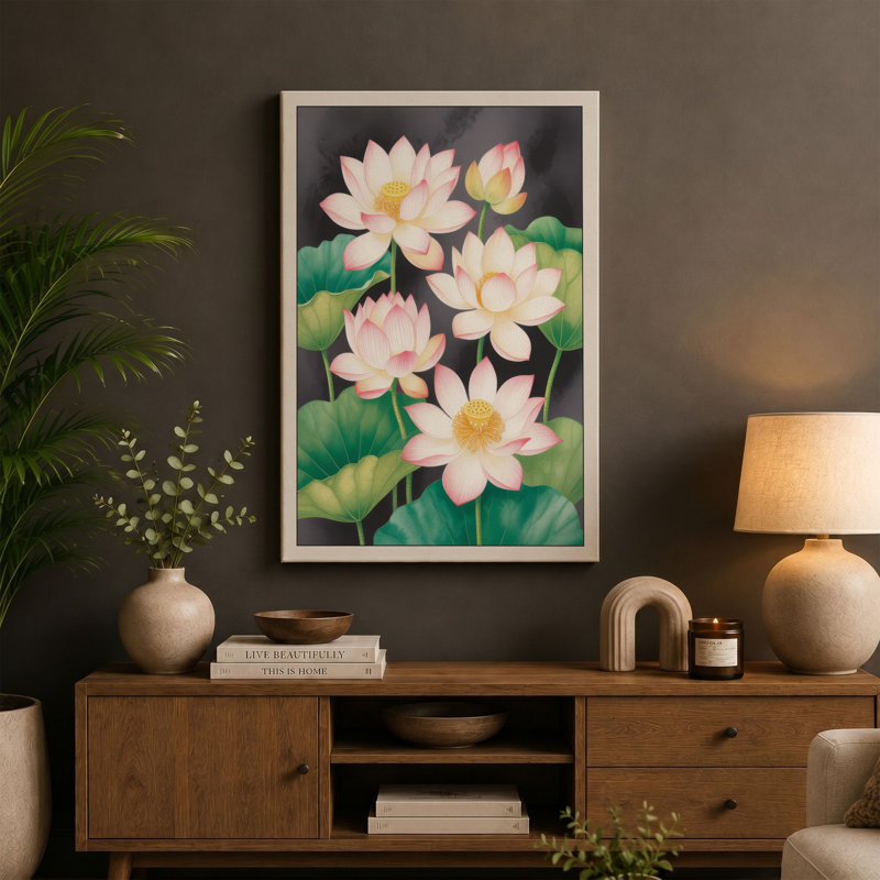 Lotus in Bloom Botanical - Wrapped Canvas, 36x24 - 91.4 x 61.0 cm, Black Border