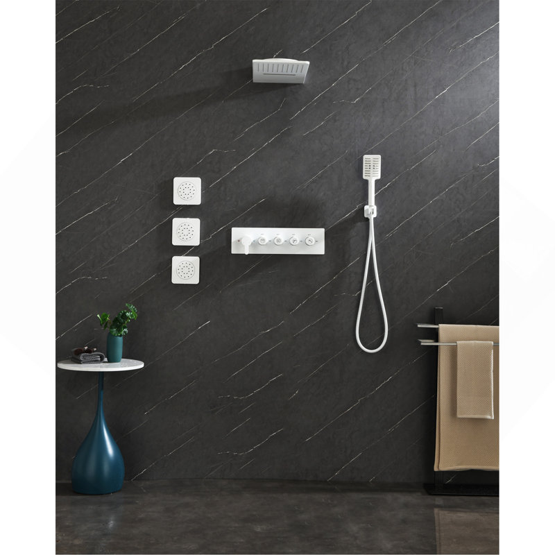 Wall Mounted Waterfall Rain Shower System With 3 Body Sprays & Handheld Shower, White