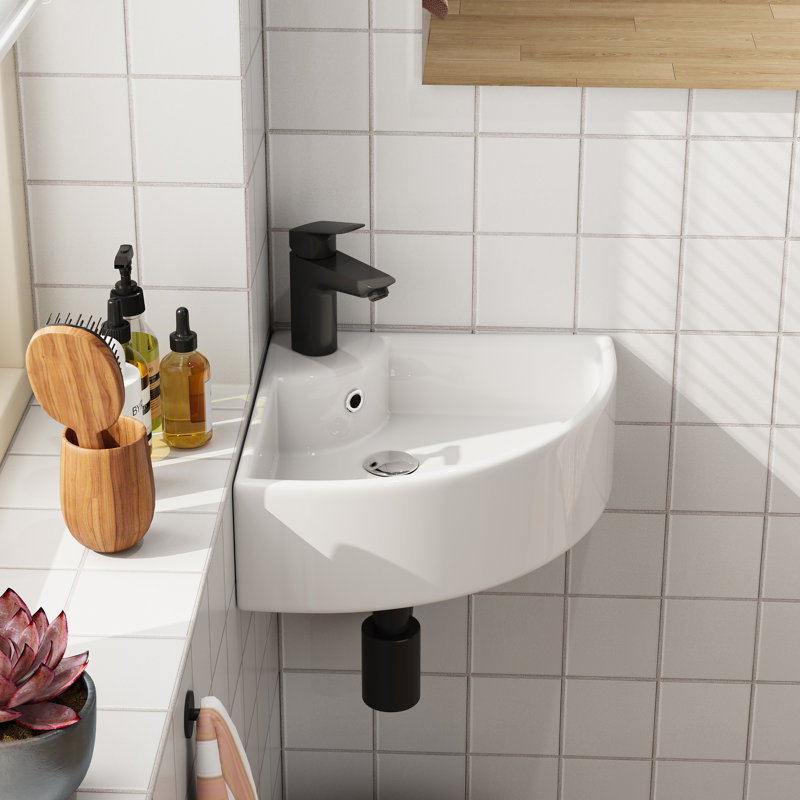 Belfry Bathroom Manders 46mm L x 46mm W White Ceramic Corner Sink with Overflow