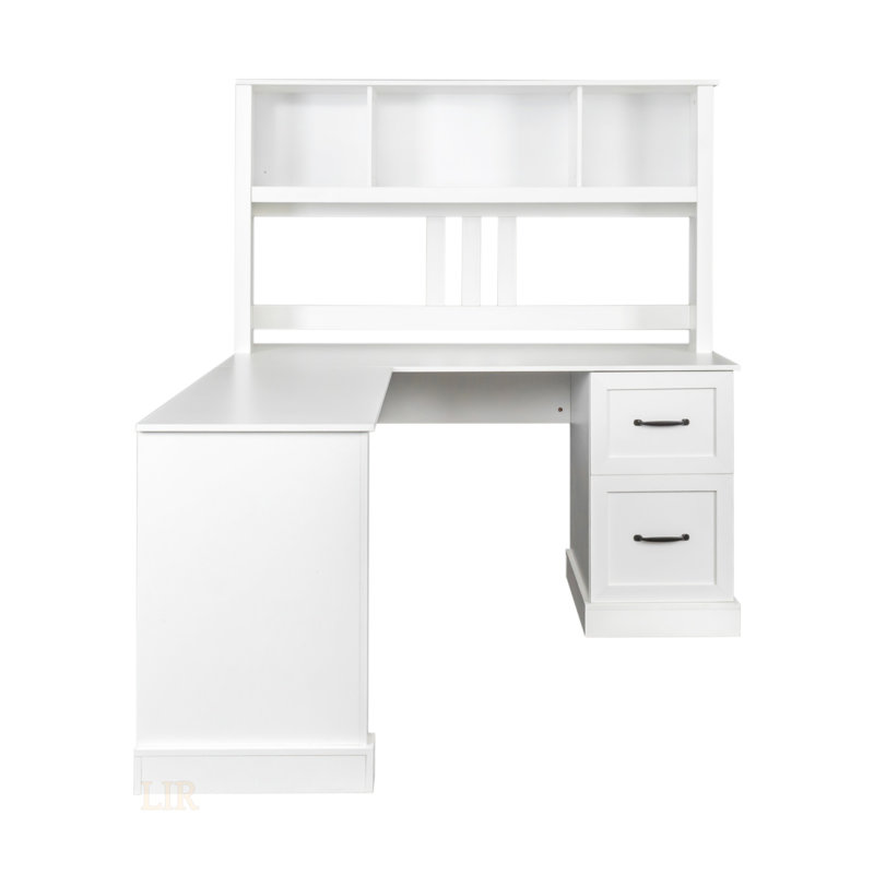 Antiqued White Home Office Computer Desk With Hutch, Ample Storage And Large Working Space, White
