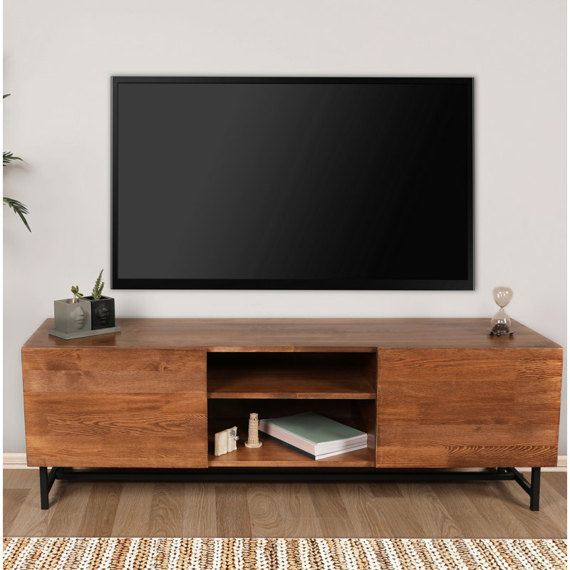 Meuble télé moderne avec de nombreuses tablettes, finition noyer, 59,1 po x 19,7 po x 16,1 po | Fabriqué en bois de pin à 100% et structure en métal à 100% | Conception élégante pour un rangement supplémentaire dans le salon et les espaces de divertissement