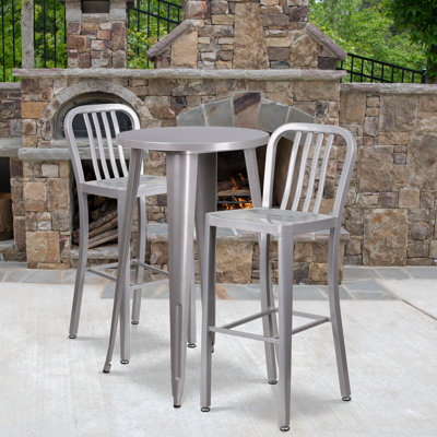 Drumfane 30'' Round Metal Indoor-Outdoor Bar Table Set with 2 Vertical Slat Back Stools