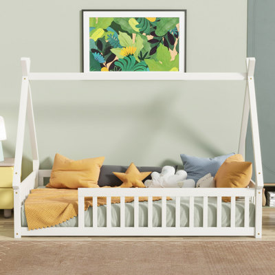 Tent-Shaped Floor Bed,Teepee Bed With Guardrails,Slats