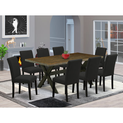 9 Piece Dining Table Set Includes a Rectangle Kitchen Table with X-Legs and 8 Black Color Linen Fabric Parson Dining Room Chairs, Wire brushed Black