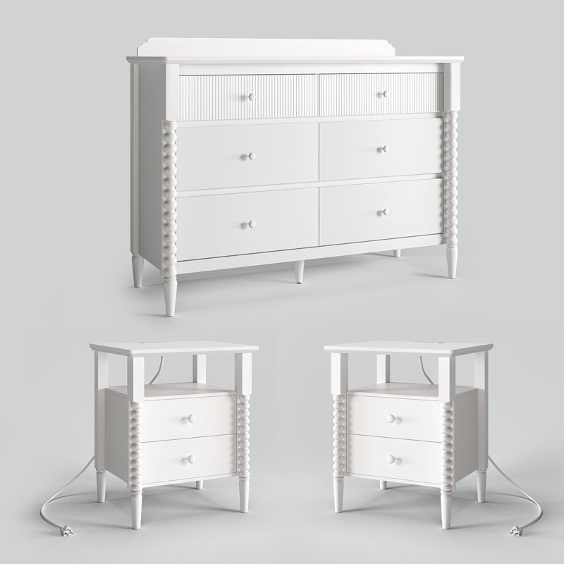 Ensemble de 2 tables de chevet avec commode assortie, grands tiroirs de rangement, idéal pour la chambre et le salon, design Jenny Lind Spindle.