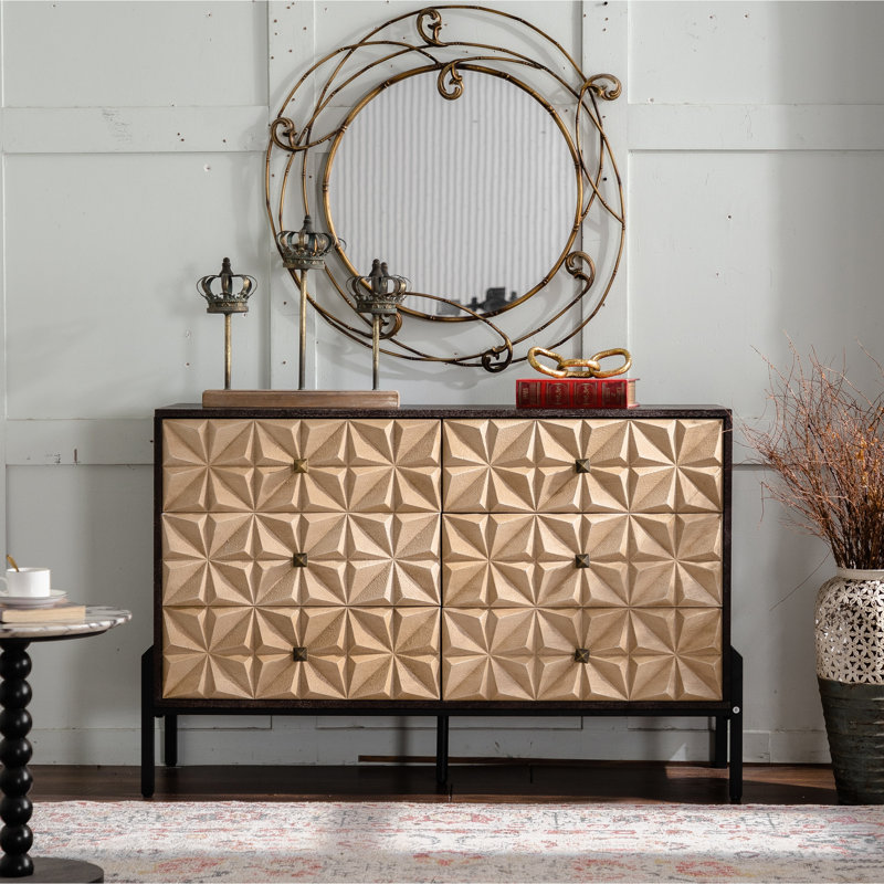 Buffet de console de style moderne du milieu du siècle, 126 cm (49,52 po), 6 tiroirs, motif de losange géométrique 3D, pieds en métal noir.