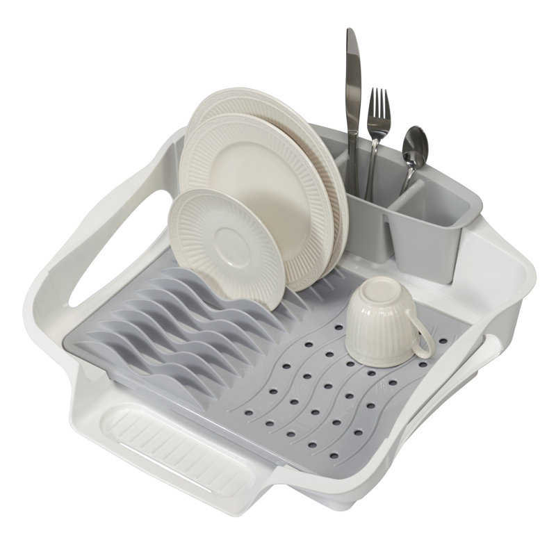 Large White and Gray Foldable Dish Rack with Utensil Cup