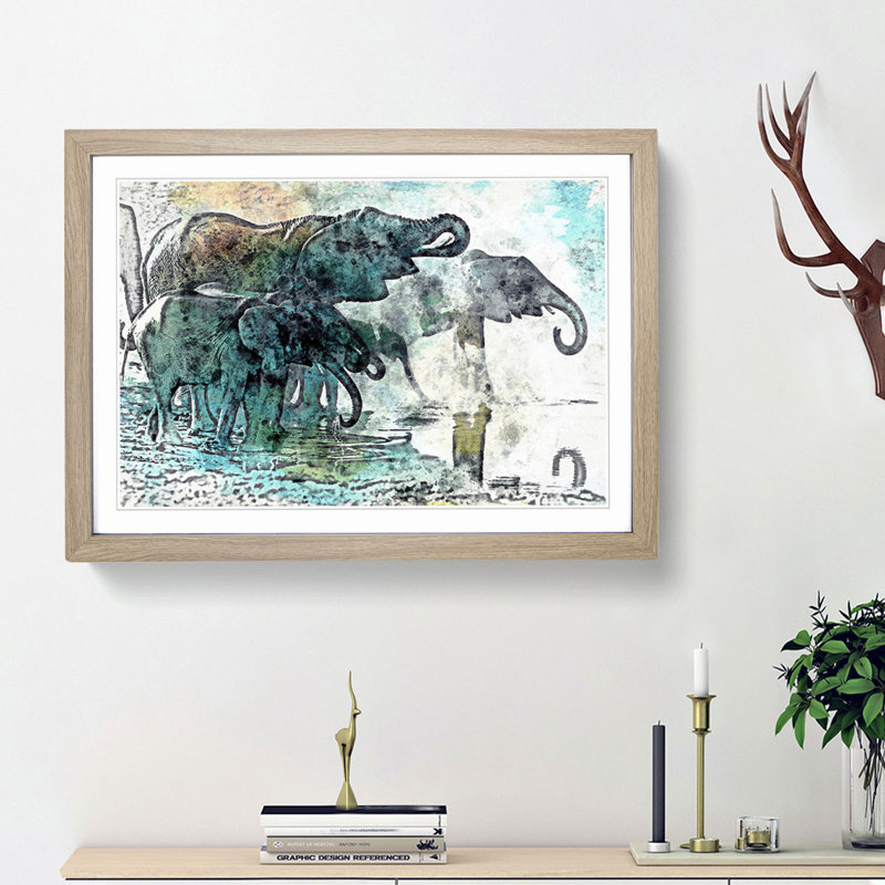 Elephants at the Waterhole in Abstract - Picture Frame Painting Print, 27cm H x 36cm W x 2cm D, Oak Framed
