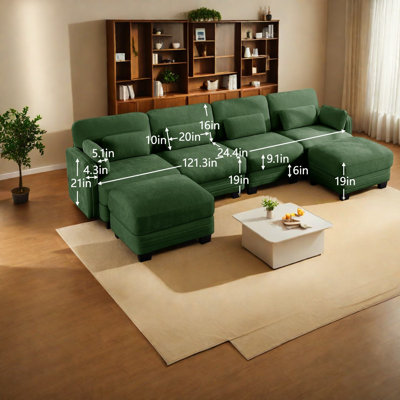 Canapés d'angle modulaires, modèle 4 places en chenille verte en forme de U, avec 2 poufs pour la maison