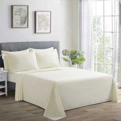 Marina Decoration Home Bedding Bedroom essentials Bedsheet Ultra Soft Silky Deep Pocket Solid Cooling Rayon from Bamboo All Season Pleated 6 Pieces Sheet Set with 4 Pillowcases, Ivory Colour King Size