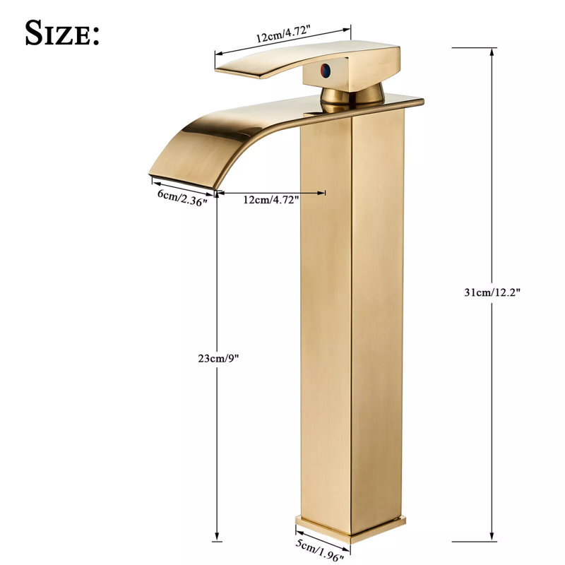 Abrien Brushed Gold Tall Bathroom Sink Tap Waterfall Vessel Mixer Taps Single Lever Mono Basin Mixer
