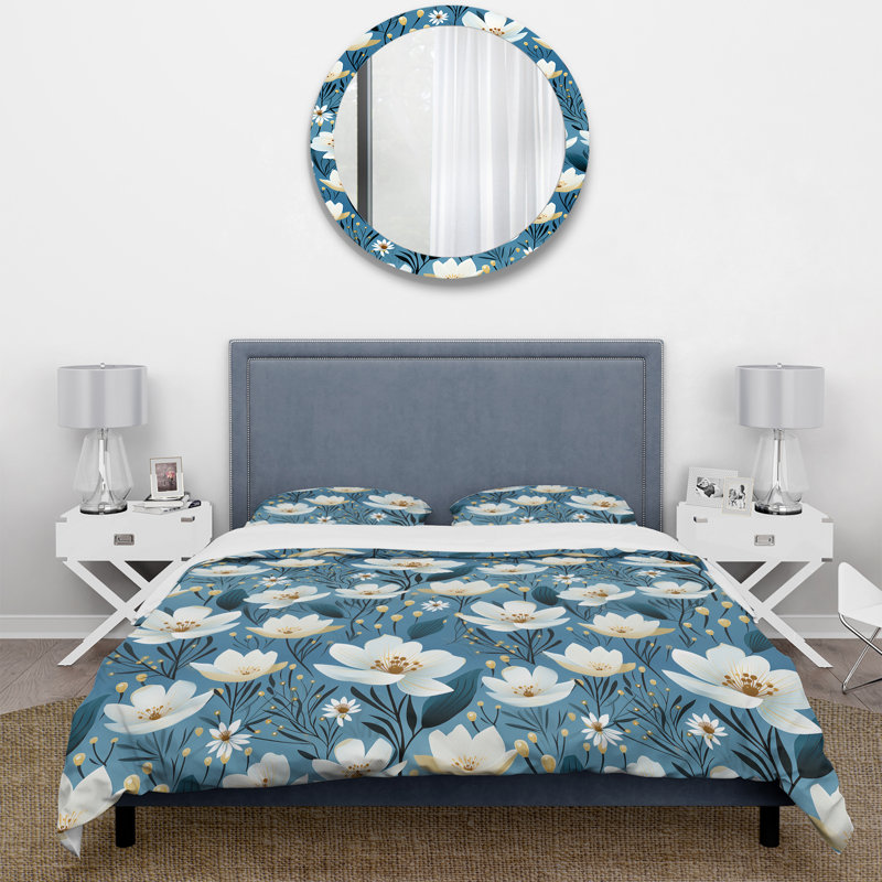 Blue Coastal Harmony Floral Pattern VIII - Ensemble de housse de couette à motif floral