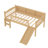 Twin XL Loft Bed With Storage Shelves, Solid Wood Lower Loft Bed With LED Lights And Full-Length Guardrails, No Box Spring Needed,  Natural-1056685802