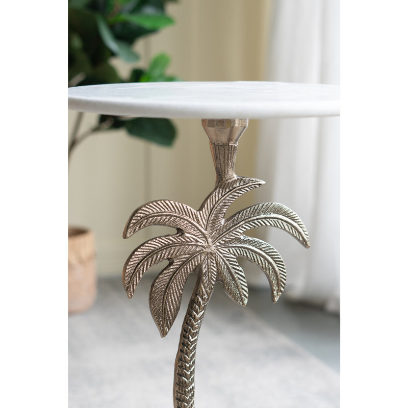D14X24" Round Side Table With White Marble Top And Gold Palm Tree Design