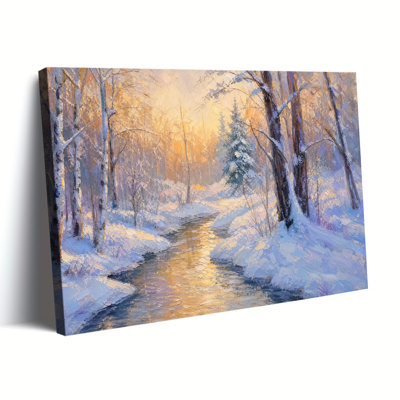 Snowy Birch Forest Stream Golden Winter Sunset Impasto Oil Painting Canvas Wall Art Warm Winter Landscape Decor