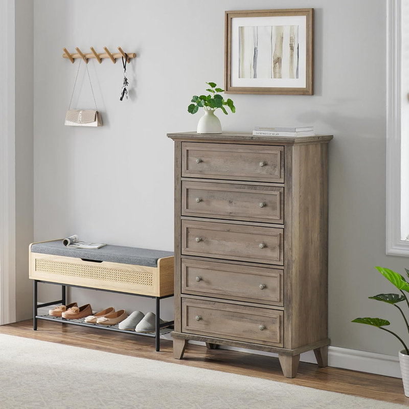 5 Drawer Dresser for Bedroom Drawer of Chest with Metal Handles TV Stand Closet Organizers and Storage Clothes Vintage Tall Dresser for Bedroom Living Room Entryway and Closet