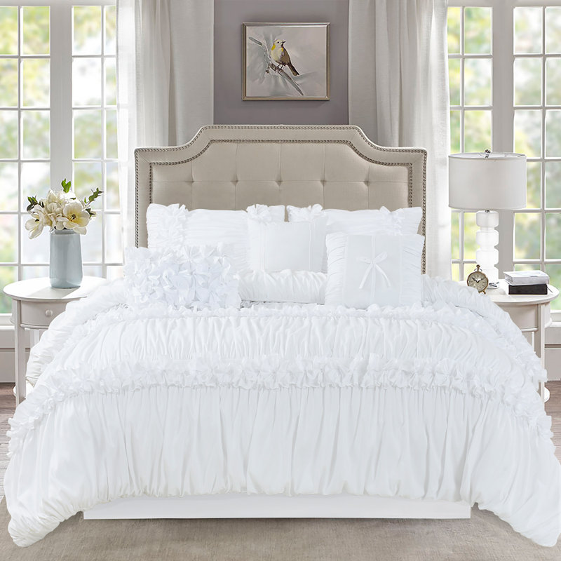 Ensemble d'édredon à plis froncés 7 pièces Lit romantique dans un sac, Blanc, Full Comforter + 6 Additional Pieces