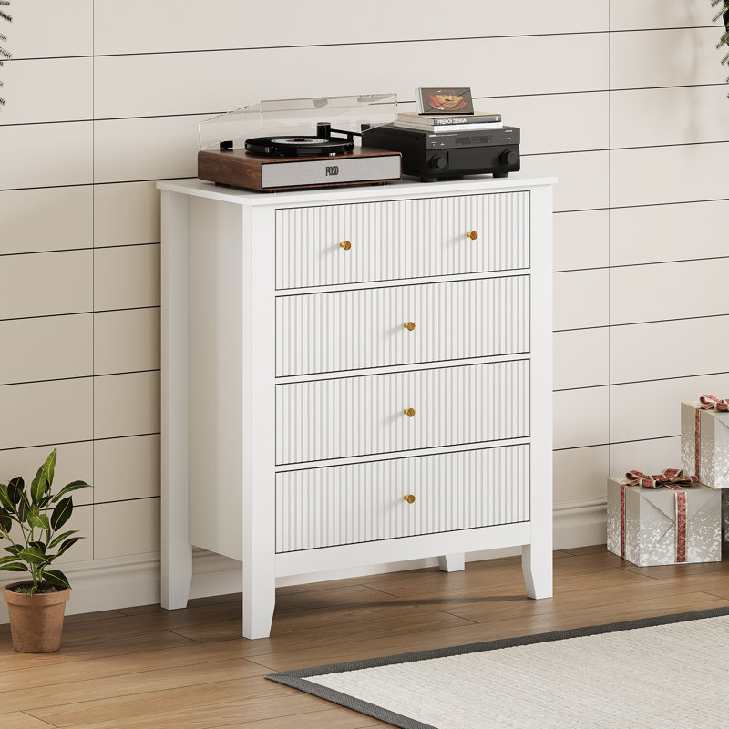 Table de chevet cannelée l 31,7 po avec 5 tiroirs, Blanc