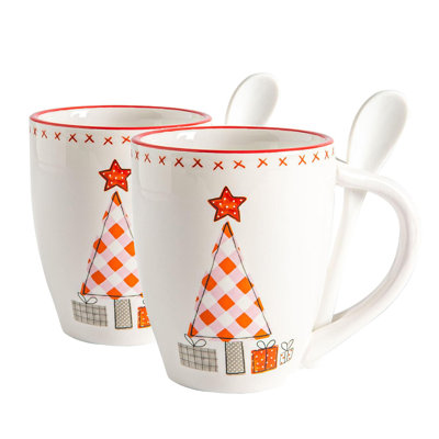 Nicola Spring - Patchwork Christmas Mug & Spoon Set - 9cm - White