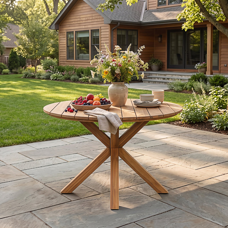Table de salle à manger ronde d'extérieur, table de patio avec base en forme de X, pour le jardin, la cour, le balcon et l'intérieur