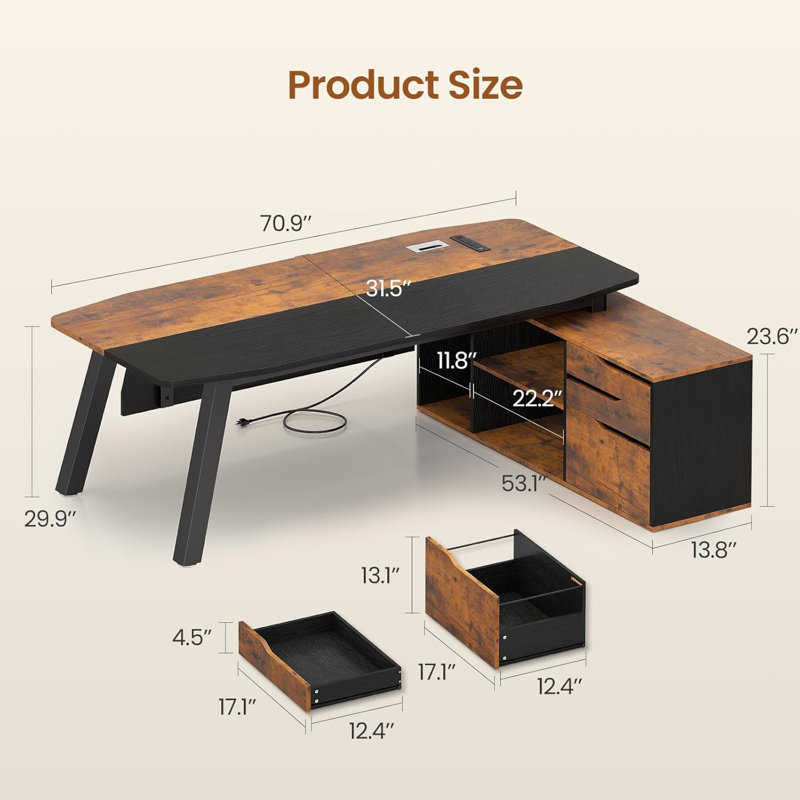 71" Executive Desk With File Cabinet, Brown