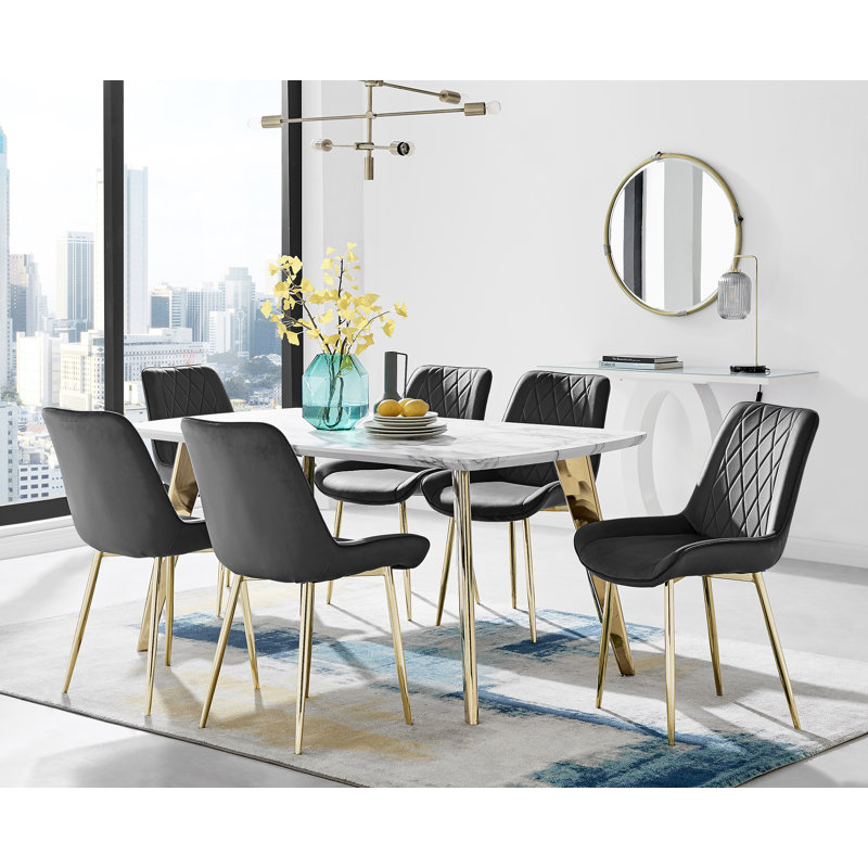 Anders Modern High Gloss Marble Effect Dining Table Set with 6 Luxury Velvet Dining Chairs, Black/Gold, Gold
