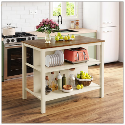 Solid Wood Rustic 3-Piece 45" Stationary Kitchen Island Set With 2 Seatings, Rubber Wood Butcher Block Dining Table Set Prep Table Set With 2 Open Shelves For Small Places,Walnut+Cream White